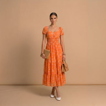 Orange Floral Puff Sleeve Midi Dress