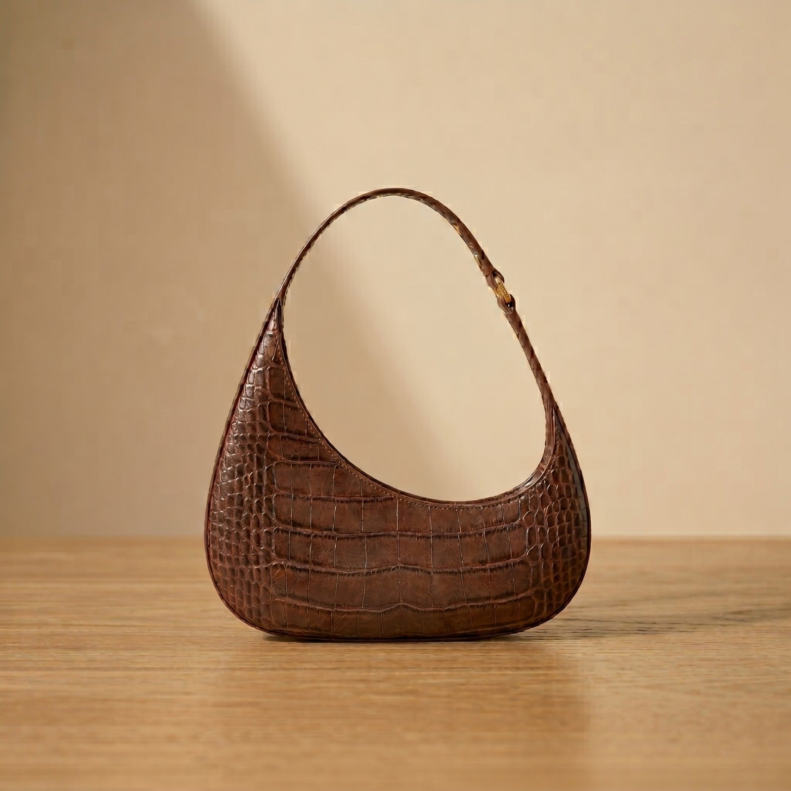 Brown Croco Embossed Leather Hobo Shoulder Bag