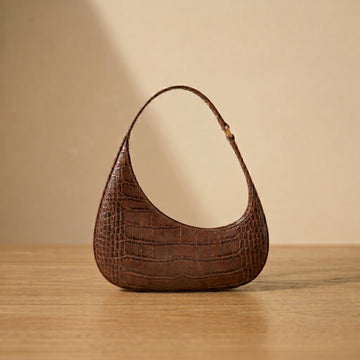 Brown Croco Embossed Leather Hobo Shoulder Bag