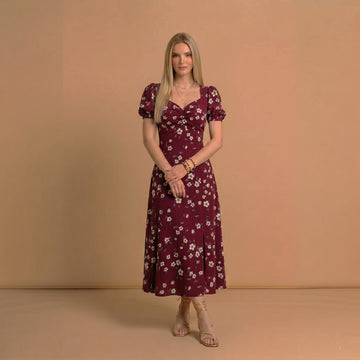 Burgundy Floral Puff Sleeve Midi Dress