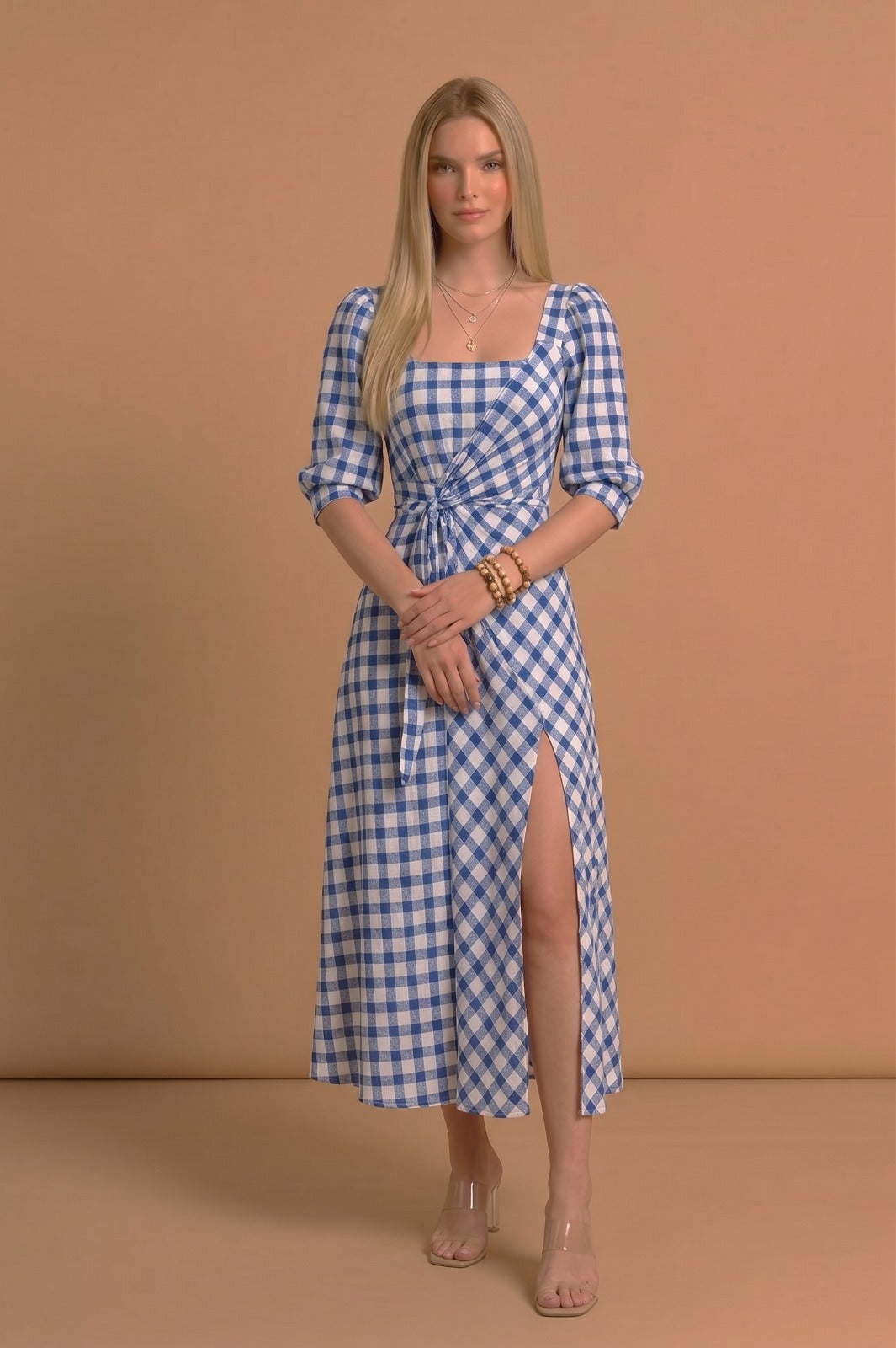 Blue & White Gingham Puff Sleeve Midi Dress