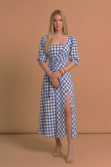 Blue & White Gingham Puff Sleeve Midi Dress