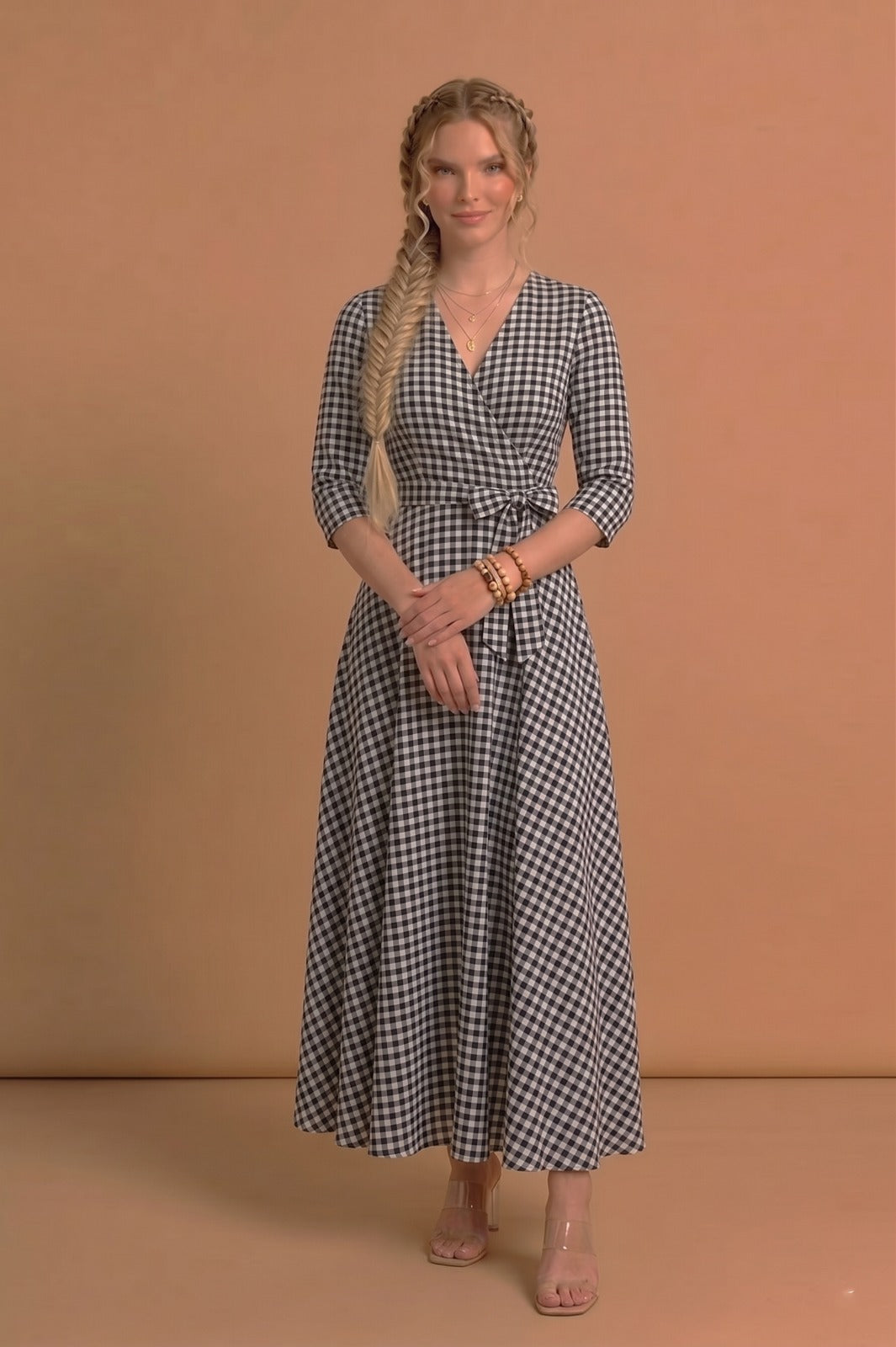 Black & White Gingham Wrap Midi Dress