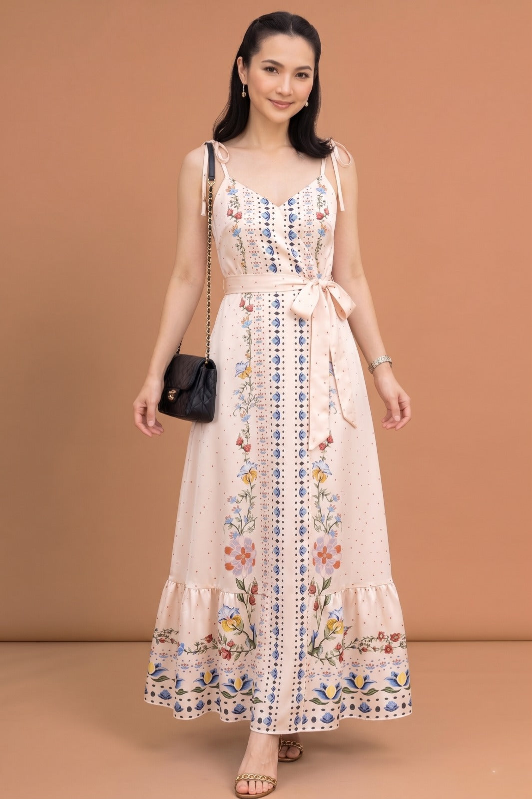 Peach Botanical Print Tie-Shoulder Maxi Dress