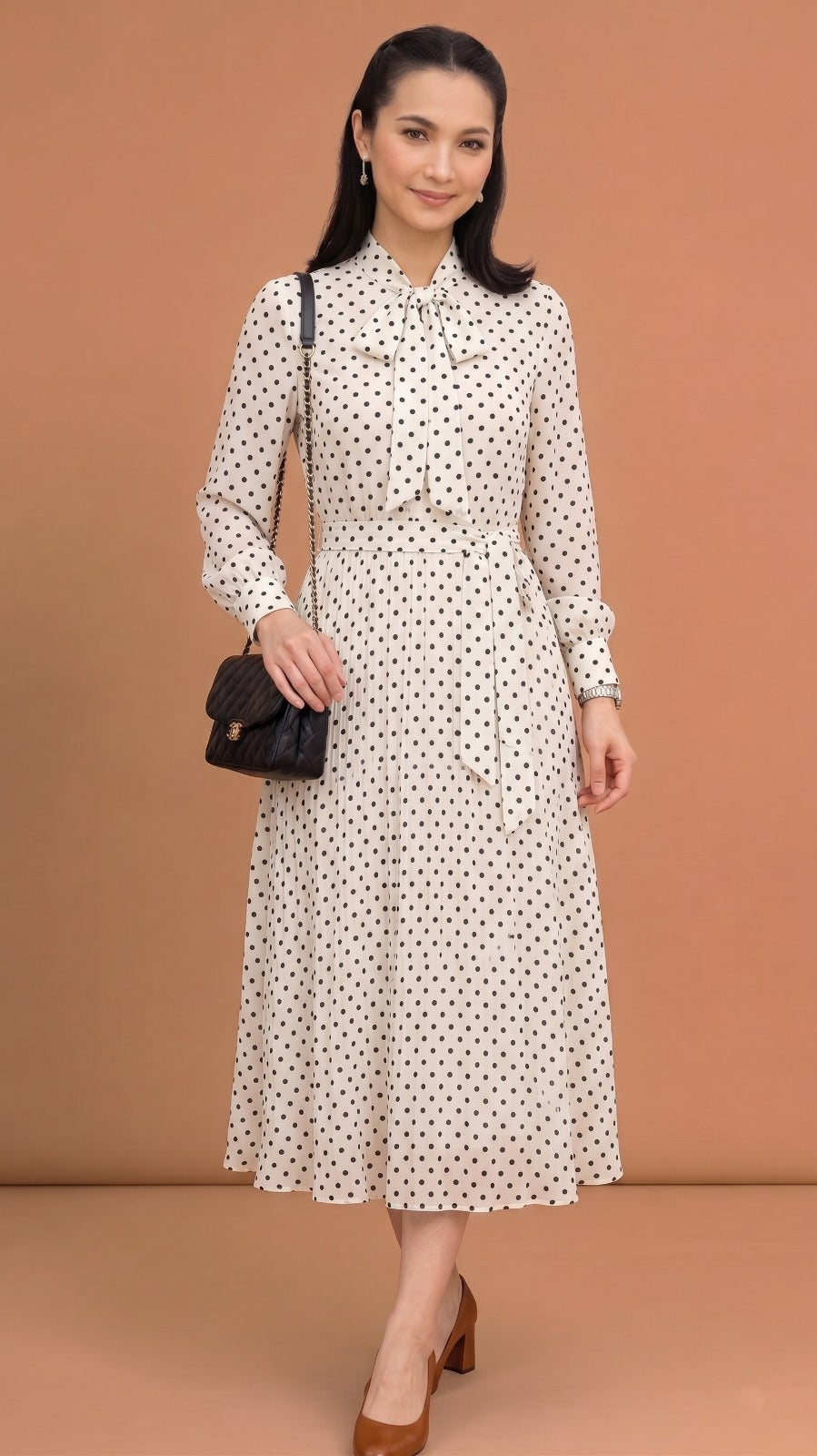 Cream Black Polka Dot Bow-Tie Midi Dress