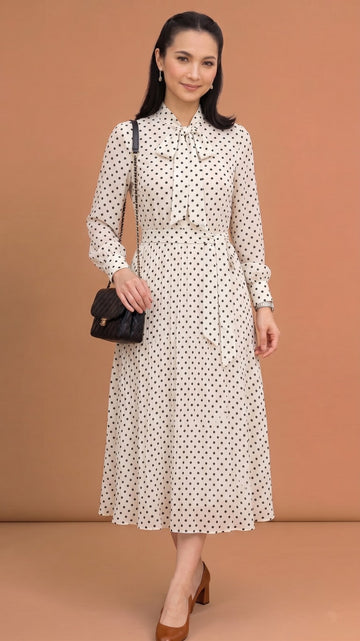Cream Black Polka Dot Bow-Tie Midi Dress