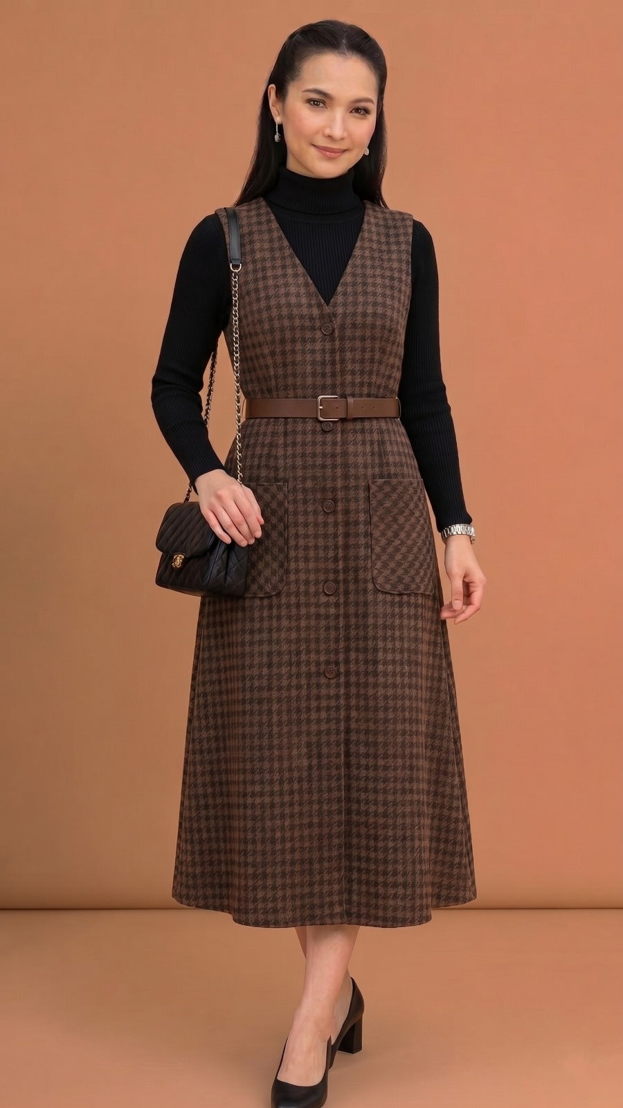 Rust Brown Polka Dot Bow-Tie Midi Dress
