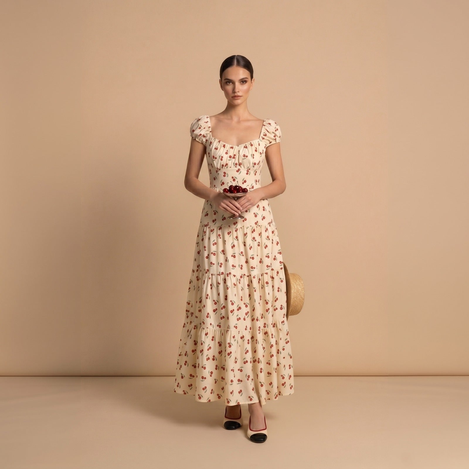 Cherry Print Tiered Midi Dress