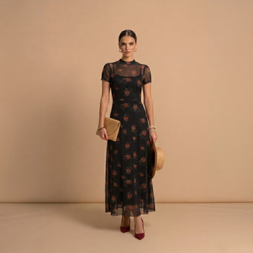 Black Rose Floral Mesh Maxi Dress
