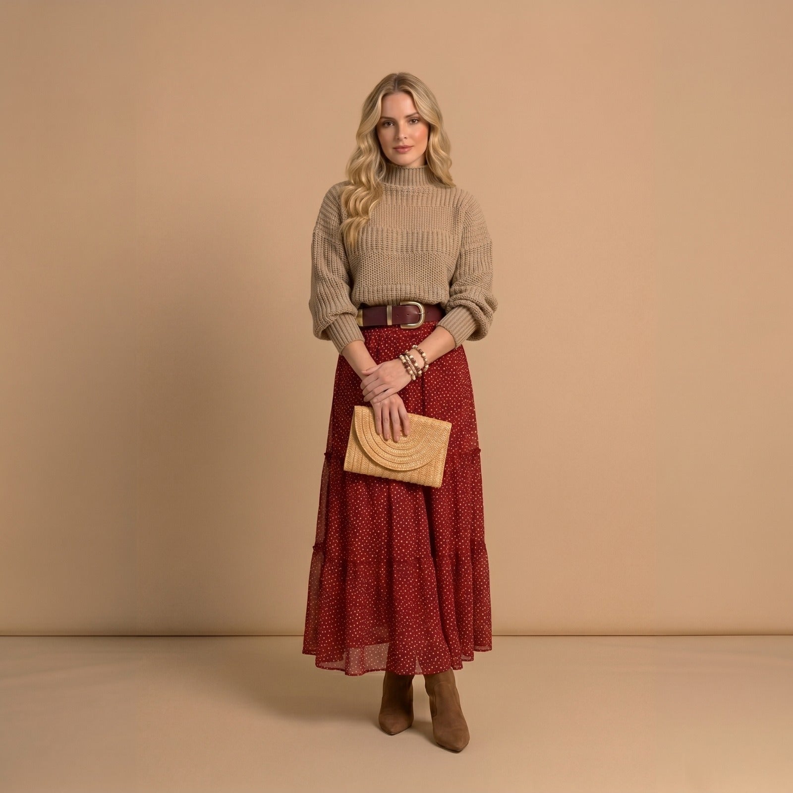 Beige Chunky Knit Turtleneck Sweater