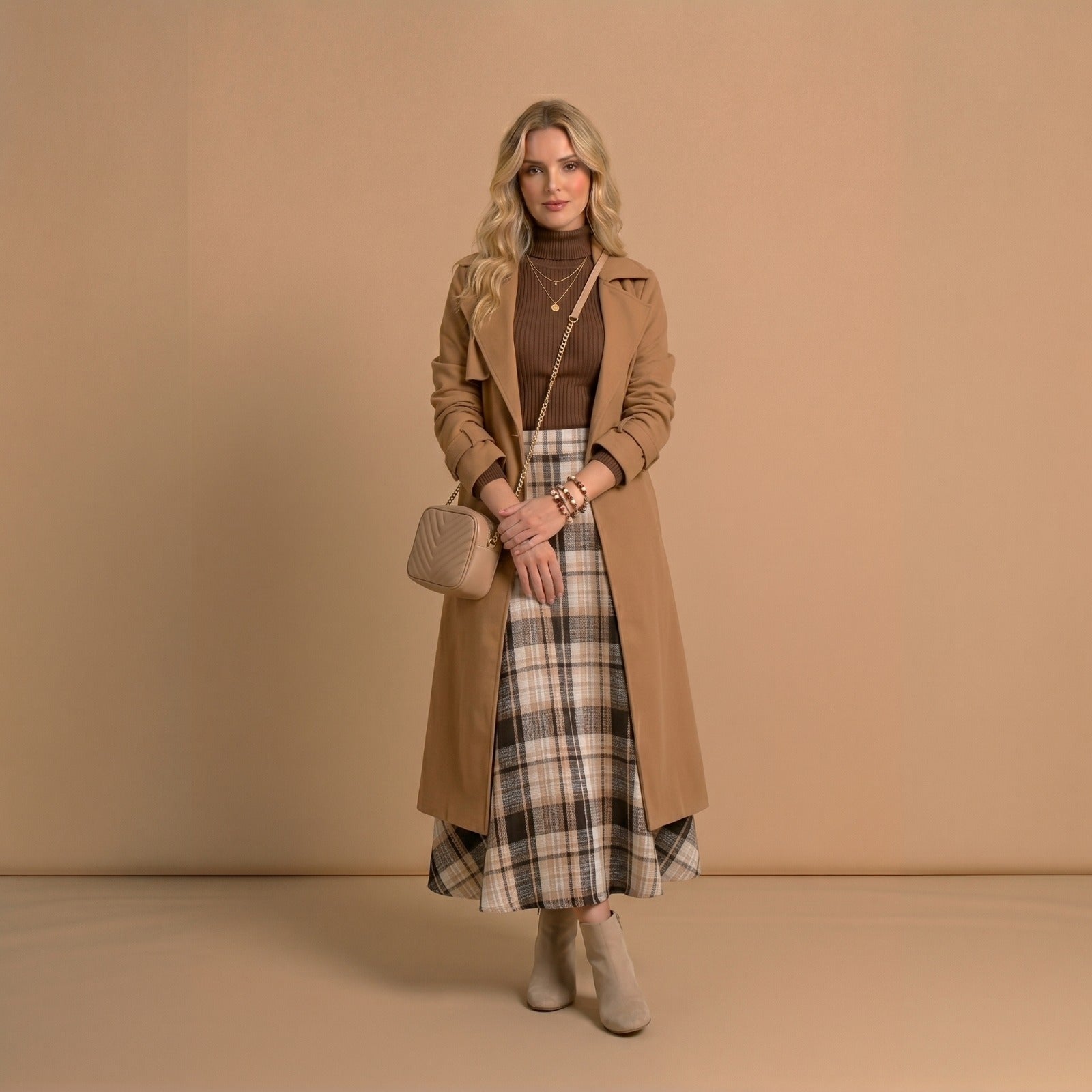 Camel Wool-Blend Long Trench Coat