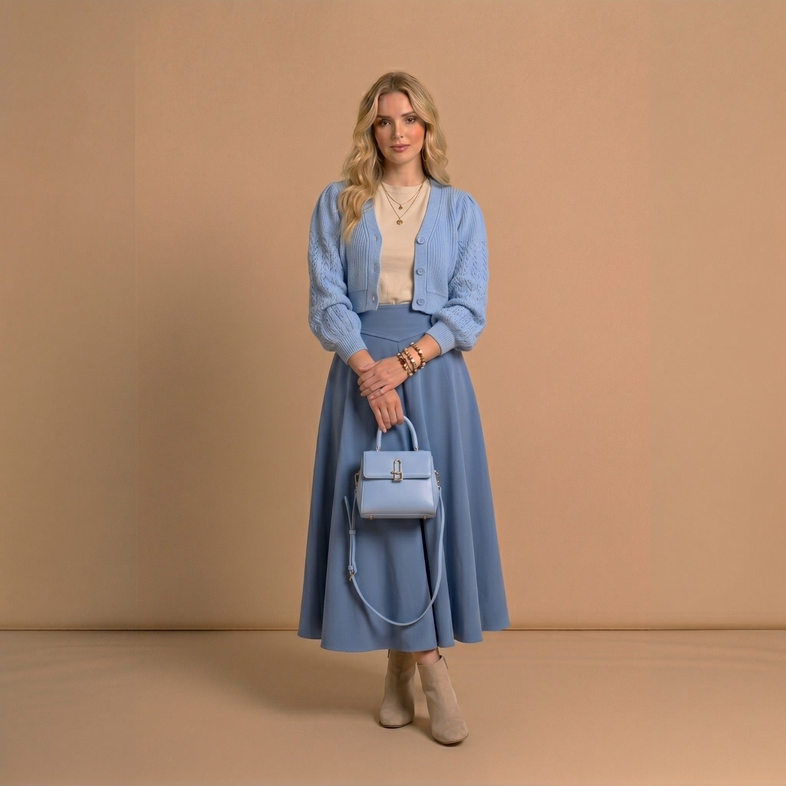 Blue Knit Cardigan & Midi Skirt Set
