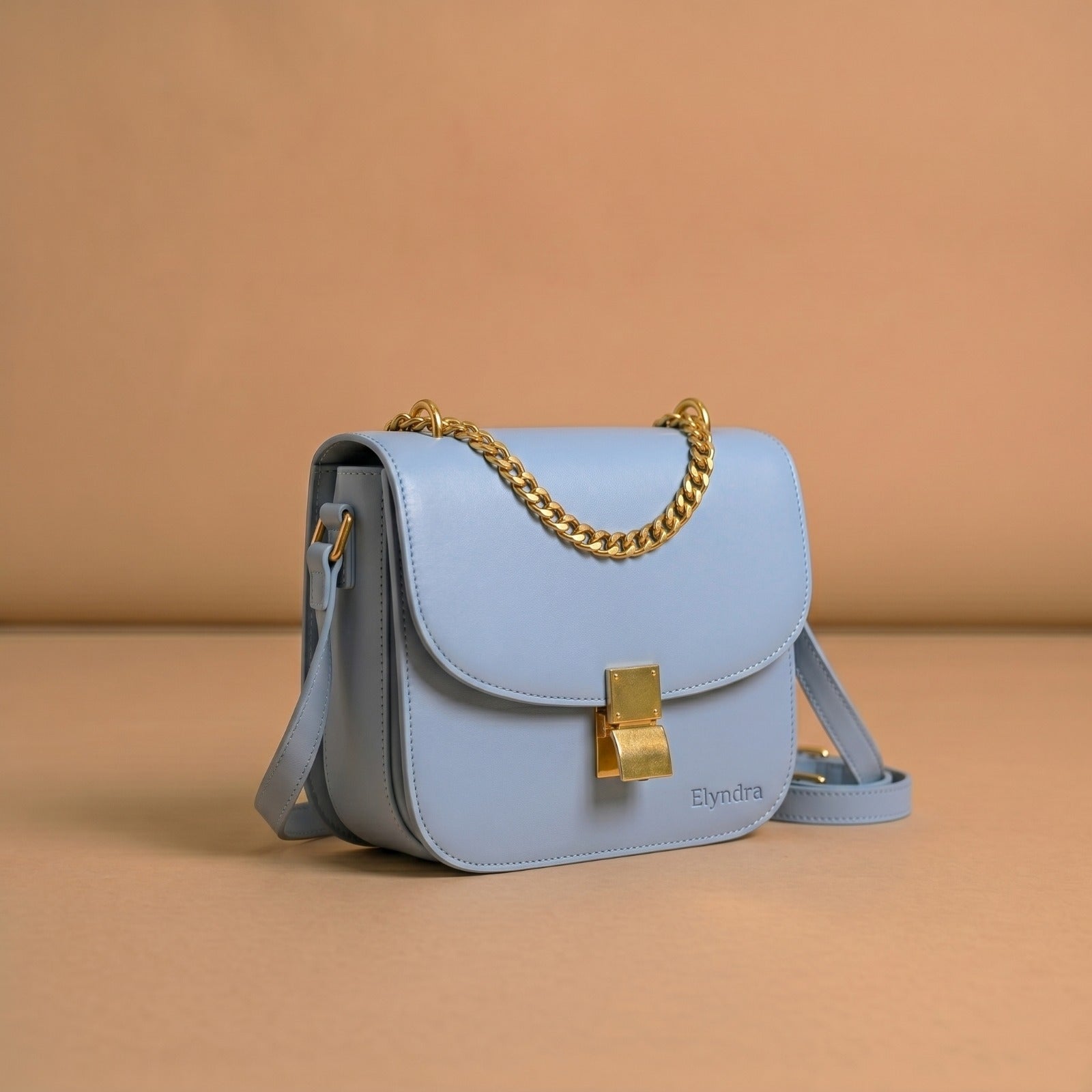 Sky Blue Leather Chain Strap Crossbody Bag