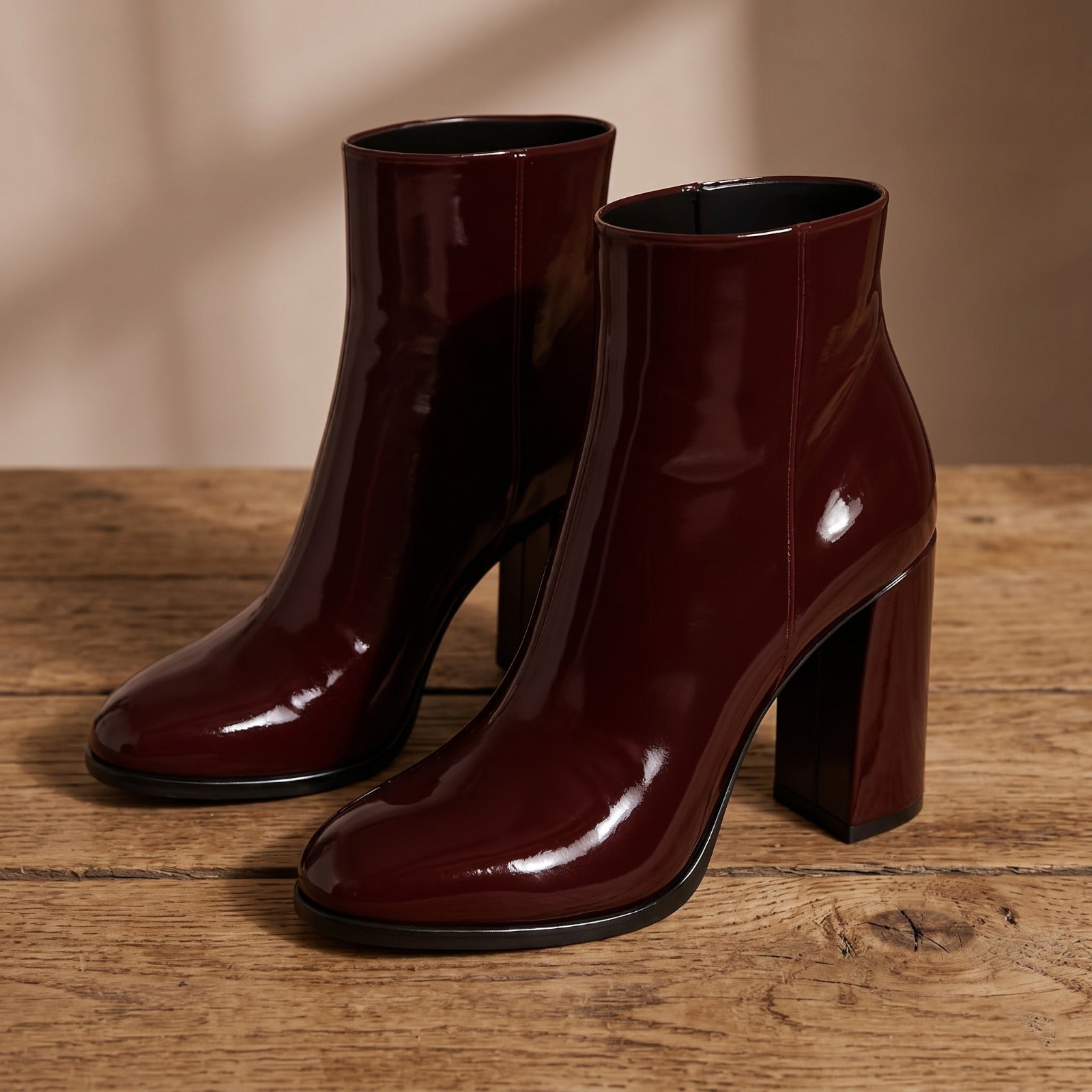 Burgundy Patent Leather Block Heel Ankle Boots