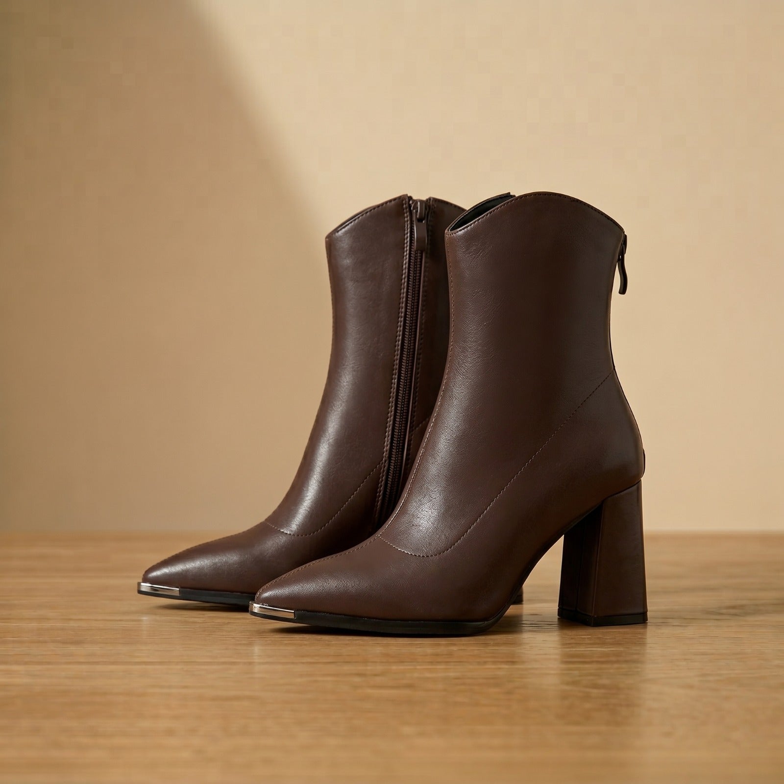 Brown Block Heel Pointed Toe Ankle Boots